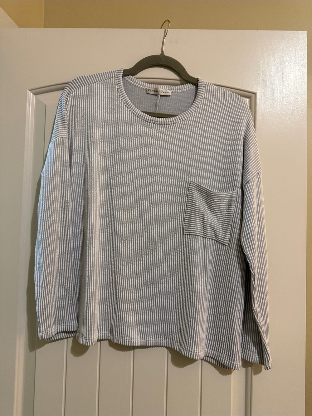 Zenana Outfitters Light Blue & White Striped Long Sleeve Pocket Top